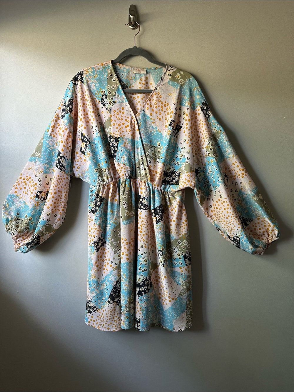 Hailey & Co. Pastel Patchwork Floral Printed Mini Dress Light Blue Peach Size L